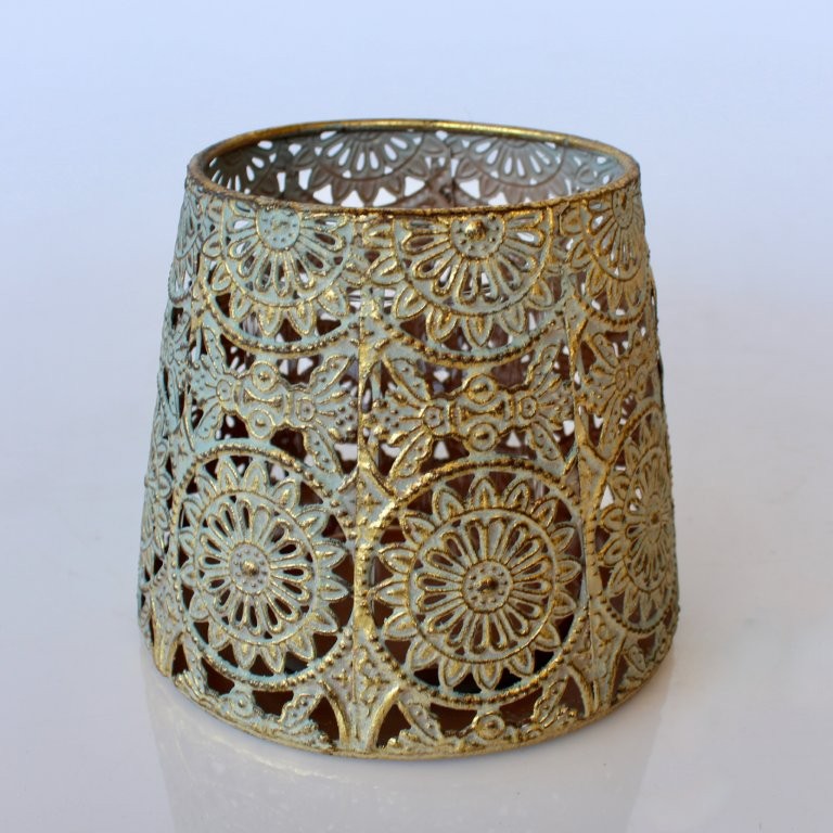 Medium Gold Blue Metal Candle Holder With Glass